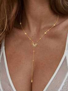 1件18K镀金不锈钢向日葵Y形长流苏项链，时尚女士沙滩项链，适合旅行和送礼 - 金色 - 查看 2