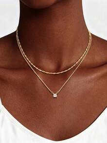 Tsnamer 女士多层金项链 时尚14K镀金心形CZ吊坠 多层金项链套装 硬币项链 简约圆形立方氧化锆珍珠项链 多层人字纹夹链首饰套装 - 2件套裝 - 查看 2