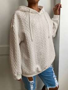 Áo sweatshirt dài tay dệt kim jacquard màu trơn dáng rộng thoải mái dành cho nữ cỡ lớn, thích hợp cho mùa xuân. - Màu be - Xem 3