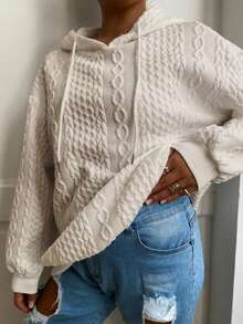 Áo sweatshirt dài tay dệt kim jacquard màu trơn dáng rộng thoải mái dành cho nữ cỡ lớn, thích hợp cho mùa xuân. - Màu be - Xem 5