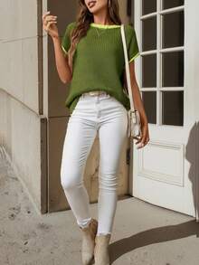 女士撞色滚边休闲撞色拼接蝙蝠袖针织上衣，短袖针织衫，无袖背心，夏季上衣，春季服装，宽松吊带衫，T恤 - 綠色 - 查看 3
