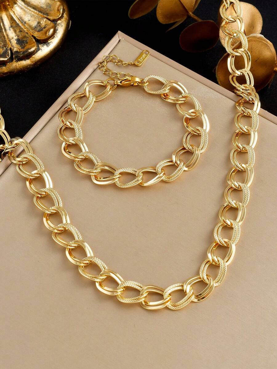 RAYQUEEN Set Perhiasan Kalung dan Gelang Fashion Geometris Stainless Steel Baru, Cocok untuk Pemakaian Sehari-hari - Yellow Gold - View 1
