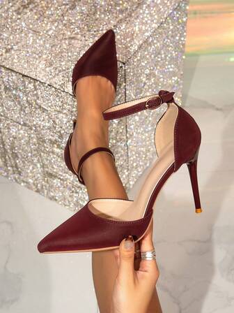 Women's New Burgundy Pointed Toe Hollow Out Stiletto Heels Sandals, One-Strap Elegant Formal Party & Work High Heels, Suitable For Christmas & New Year's Eve