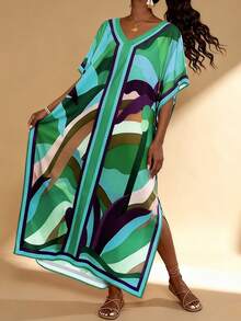 Fashion Casual Printed V-Neck Short Sleeve Plus Size Women Dress Spring - Multicolor - View 4