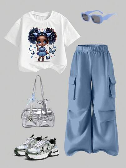 少女休闲时尚街头风日常通勤可爱卡通蝴蝶印花落肩宽松白色T恤搭配褶裥口袋工装裤套装，春夏秋季