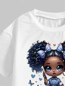 少女休闲时尚街头风日常通勤可爱卡通蝴蝶印花落肩宽松白色T恤搭配褶裥口袋工装裤套装，春夏秋季 - 白色 - 查看 3