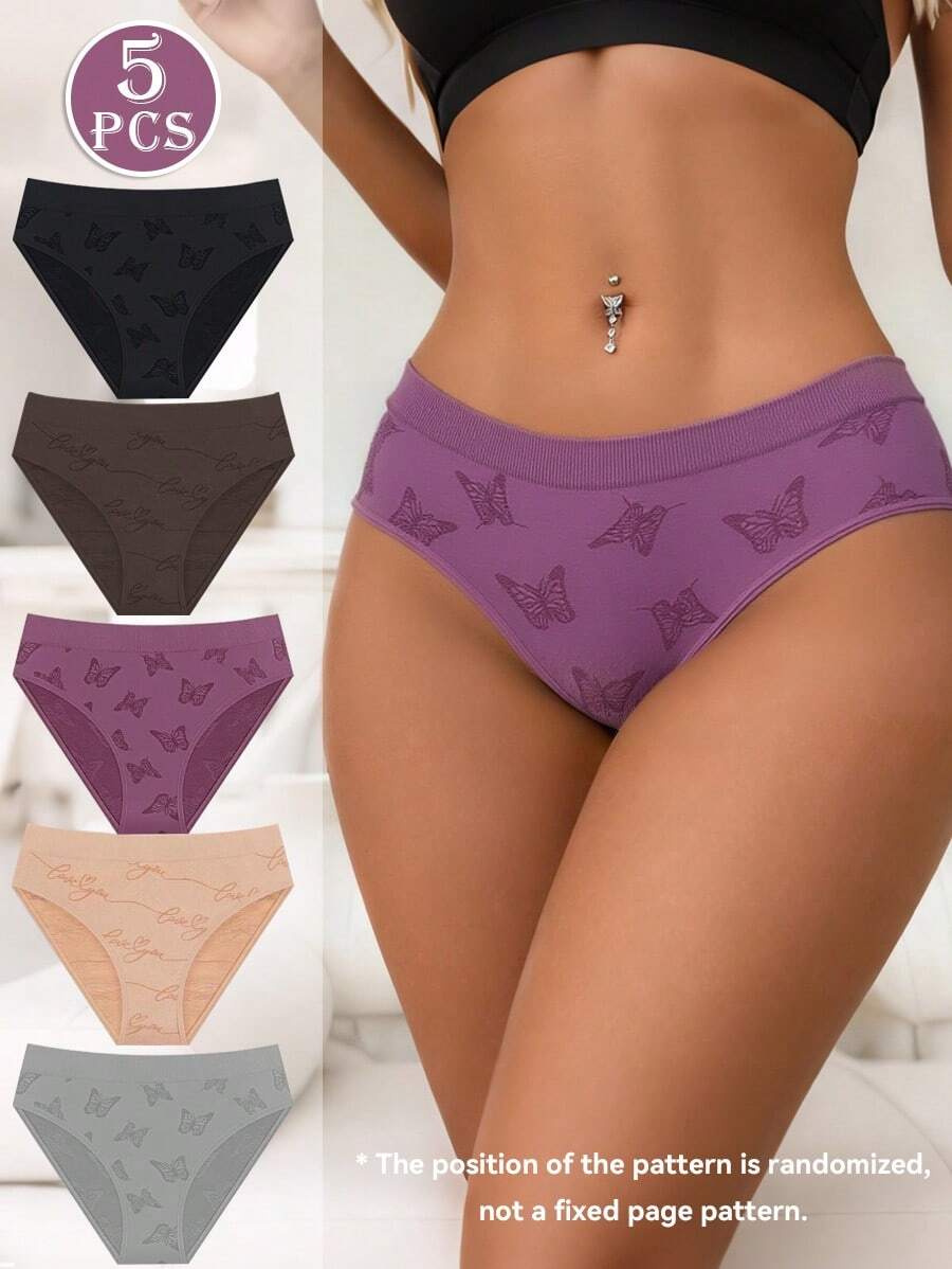 Set de 5 piezas/paquete Bragas cómodas de mujer con estampado de bajo corte y acanalado sin costuras - 5 colores - Ver 1