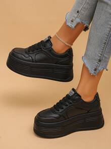 Zapatillas con plataforma para mujer, deportivas de unicolor con cordones y estampado de letras, adecuadas para todas las estaciones - Negro - Ver 3