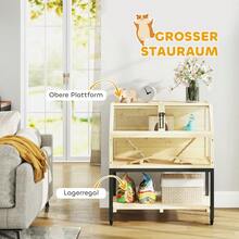 PawHut Dwarf Hamster Cage Made Of Wood, 87 X 43 X 101, Rodent Cage With Shelf, Water Bottle, Hut, Swing, Small Animal Cage With Wheels, Ramps, Natural Wood On Site - 1 - 查看 5