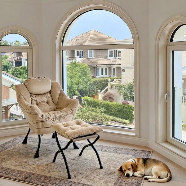 Armchair With Stool, Relaxing Armchair With Armrests, Side Pocket And Footrest, Living Room Armchair, TV Chair, Wingback Armchair For Living Room, Bedroom, Office (Khaki)