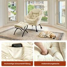 Armchair With Stool, Relaxing Armchair With Armrests, Side Pocket And Footrest, Living Room Armchair, TV Chair, Wingback Armchair For Living Room, Bedroom, Office (Khaki) - Beige + Fabric+Metal - View 3