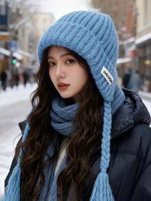 1件装 保暖秋冬新款扭结针织羊毛帽套头帽 女士秋冬保暖护耳飞行帽 滑雪雷风帽 男士编织羊毛针织帽 女士纯色百搭大头羊毛帽