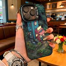 Cubierta de telefono para iPhone con diseño de casa encantada en bosque azul y rojo estampado con texto 80000 para uso diario en cafeterias y viajes - Blanco - Ver 3