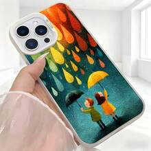 Cubierta de telefono con diseño de lluvia y paraguas colorido para iPhone 14 Pro Max funda de silicona suave con estampado de pareja bajo la lluvia estilo acuarela para uso diario en cafeterias y salones - Blanco - Ver 5
