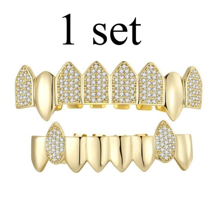 Grillz - Shiny Copper Teeth Grillz, Unisex Streetwear Hip Hop Accessory For Everyday Wear & Halloween Parties, Suitable For Holiday Outfits, Holiday Fashion Accessories, Party Goers - Multicolor - View 5
