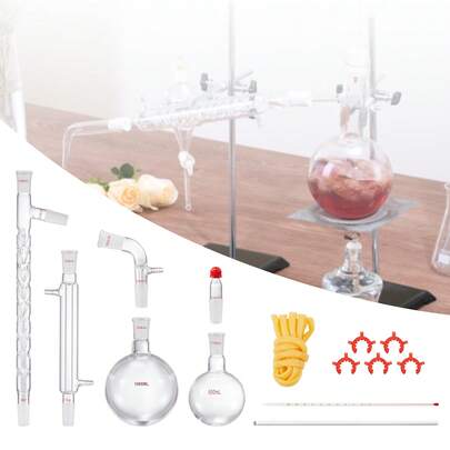 Kit de distillation de laboratoire, kit de verrerie de laboratoire en boro 3,3 avec joint 24, 40, kit d'appareil de distillation d'huile essentielle de 1000 ml, ensemble de 14 pièces d'équipement de verrerie