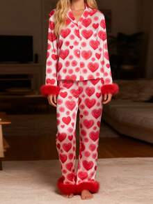Women Valentines Pajama Set Rose Heart Print Feathered Cuffs Long Sleeve Lapel Tops With Pants 2 Piece Sleepwear - 紅色 - 查看 4