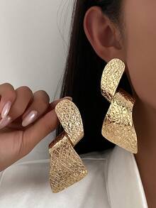 1 对夸张时尚几何金属条纹圆形耳环，简约复古粗珠宝耳环，女士日常、派对和节日装饰、礼物、时尚配饰套装 - 金黃色 - 查看 3