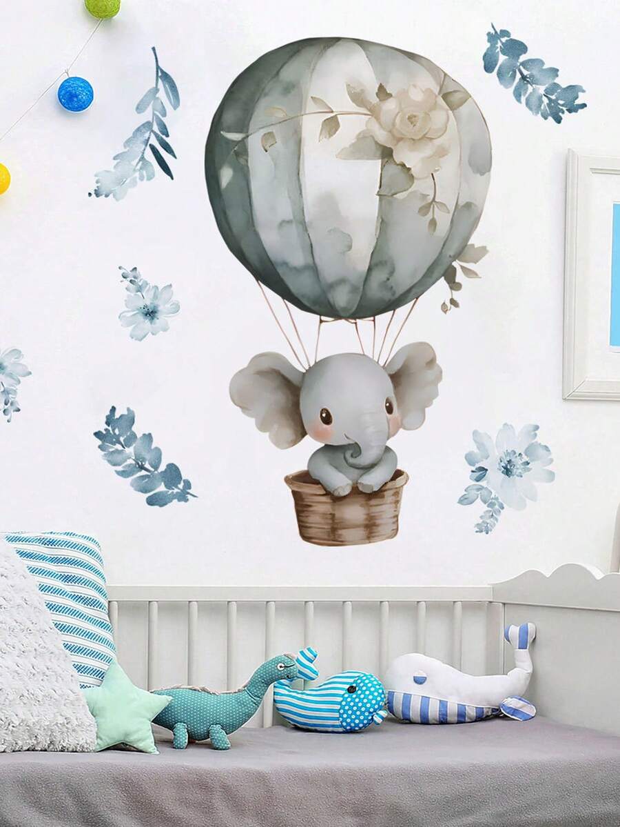 1/2/3pcs Cute Elephant Hot Air Balloon & Floral Creative Wall Stickers, Home Decor Wallpaper, Suitable For Indoor/Outdoor Decoration, Ideal For Thanksgiving, New Year Home Decor And Gifts - Multicolor - View 1