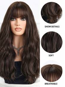 Perfect Natural Bend Wavy Long Curly Wig Synthetic Woven Chemical Fiber Wig With Bangs Perfect For Holiday Travel Family Gatherings Christmas Everyday Wear - Dark Brown - View 7