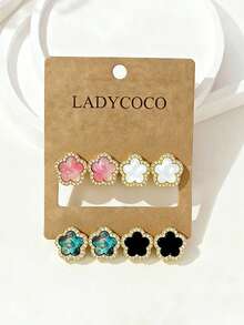 4 Pairs (Large 1.5cm) Fashionable Luxury Sparkling Clover Earrings Set, Versatile Daily Wear Earrings For Women - Multi-colored Rhinestones - View 4