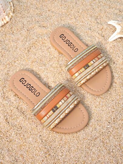 1 Pair Of Girls' Open-Toe Slippers, Featuring Multi-Element Webbing Splicing Decoration, Made Of PU Material, Soft And Easy To Wear, With A Slip-On Design, Flat Heel Style, And Vintage Light Luxury Elements. Ideal For Daily Wear And Festive Gatherings