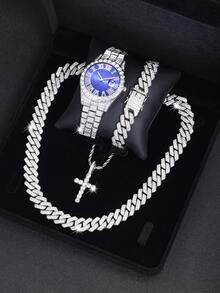 4件套链项链手链套装 男士珠宝石英表套装 带十字架吊坠项链 嘻哈风格酷炫珠宝礼品（不含礼盒） - A - 查看 12