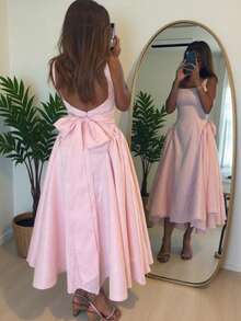 Đầm Floreya Glamful Xuân Hè 2025 thanh lịch, dây mảnh, dáng suông, màu trơn với thiết kế nơ, kiểu dáng Pháp độc đáo dành cho các buổi hẹn hò. - Hồng - Xem 11