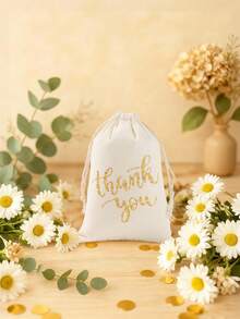 6个金色感谢抽绳礼品袋，金色感谢图案，可重复使用，带抽绳，适用于感恩节、生日、婚礼派对礼品包装、新娘送礼会、婴儿送礼会礼品包装、糖果礼品袋、感谢礼品袋、小礼品袋、生日派对礼品袋等。 - 白色 - 查看 5