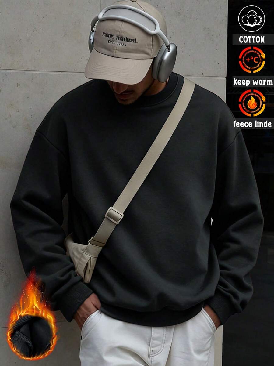 Áo nỉ cotton nam, áo nỉ trễ vai nam, áo nỉ cổ tròn cỡ lớn dày và ấm cho mùa thu đông, thích hợp cho thời tiết lạnh. - Sương mù xám - Xem 1