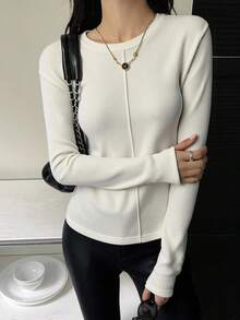 DAZY Women's Loose Business Casual Fashion Street Basic Long Sleeve T-Shirt, Patchwork Design, Autumn - White - View 3