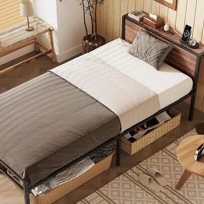 WLIVE 床 床架 床架 板条床 单人床 带插座 带宫 单人床 带插座的床 小型床 组装式床 雪板床 钢管