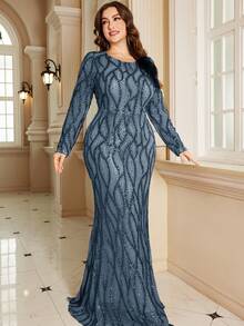 XUIBOL 高品质弹力优雅亮片拼接超修身加大码圆领晚宴约会婚礼派对生日周年纪念家庭鸡尾酒会正式晚宴婚礼宾客单身派对假日夏季秋季V领短袖优雅奢华新娘母亲礼服（重工刺绣） - 霧霾藍 - 查看 2