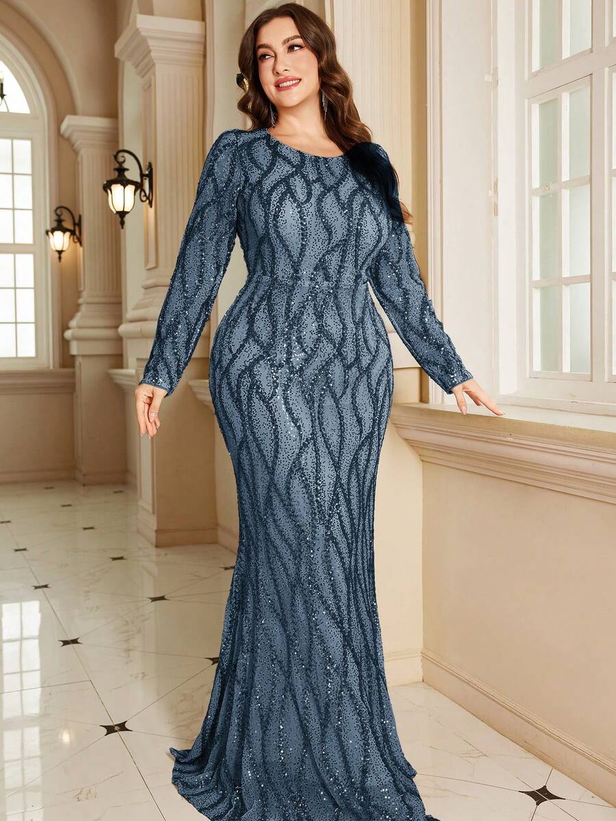 XUIBOL 高品质弹力优雅亮片拼接超修身加大码圆领晚宴约会婚礼派对生日周年纪念家庭鸡尾酒会正式晚宴婚礼宾客单身派对假日夏季秋季V领短袖优雅奢华新娘母亲礼服（重工刺绣）