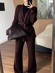 DAZY Women's Casual Solid Color Belted Cardigan And Pants 2 Pieces Knit Set, Autumn - Coffee Brown - View 4