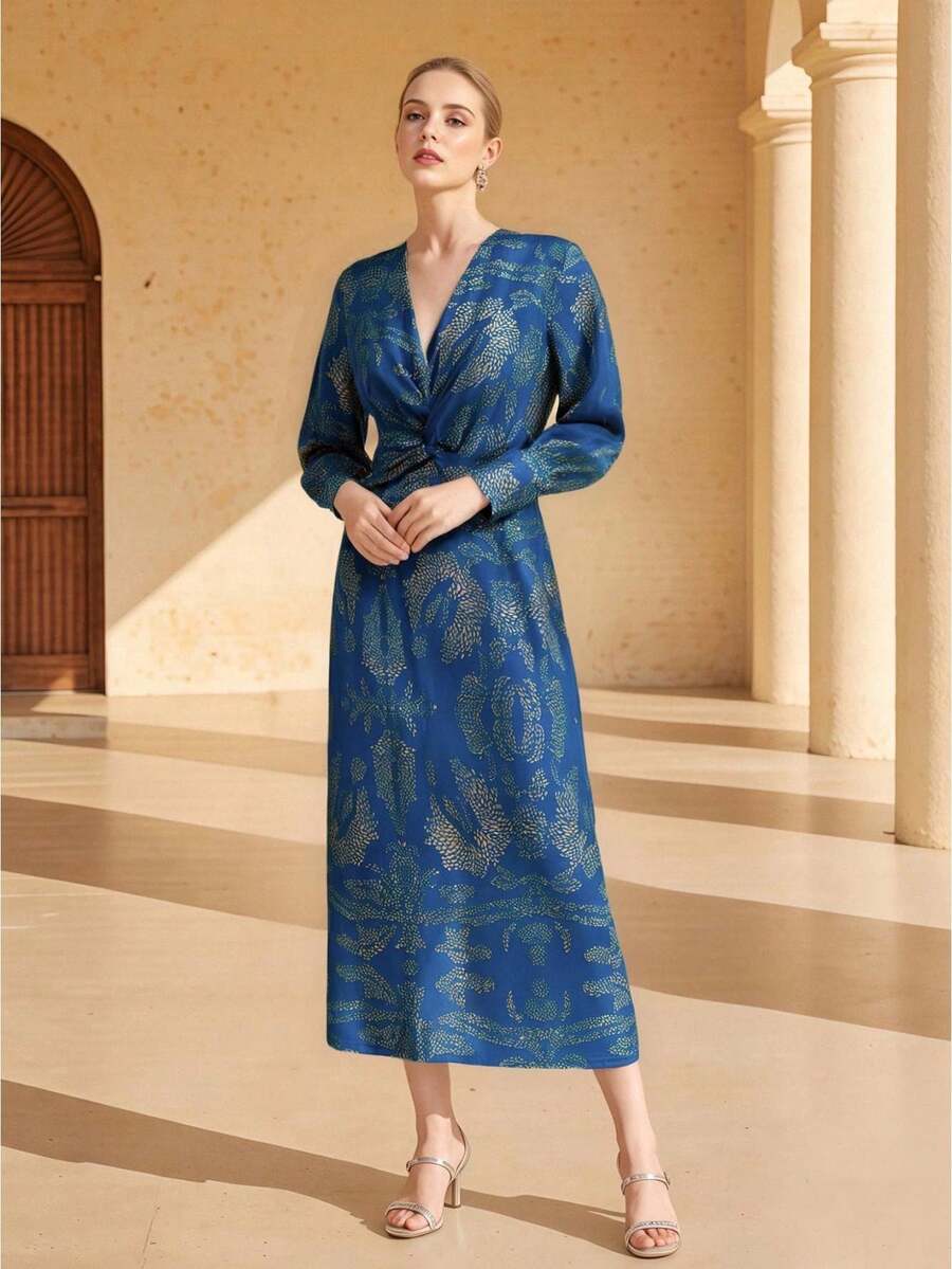 Flower Long Dress For Women Fall Fashionable Deep V Neck Long Sleeve Cinched Waist Dress - Blue - View 1