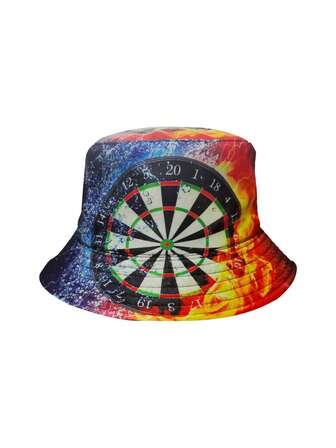 Chapeau de seau avec texture de patchwork de fléchettes - Mélange de flammes rouges et bleues avec une base contrastée de vagues de haute mer, numéros de secteur de tableau de fléchettes imprimés et texture de point central, silhouette de chapeau rétro convenant pour un look de tous les jours par temps froid pour femmes