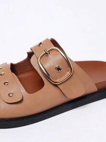 杏色条纹可调节套脚朋克风双层底休闲百搭通勤时尚沙滩凉鞋 - 杏色 - 查看 7