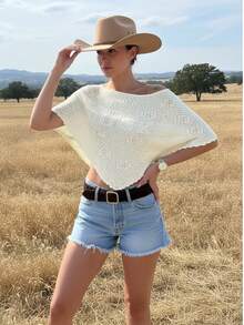 大码女装大码夏季休闲纯色吉祥字母图案蝙蝠袖毛衣上衣网眼镂空度假沙滩不对称下摆针织上衣女度假