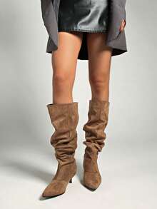 Fall/Winter 2025 New Kitten Heel Pleated Thigh High Boots, Pointed Toe Over The Knee Tall Vintage Riding Boots - Khaki - View 4