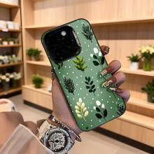 Cubierta de teléfono con diseño floral verde con hojas y puntos blancos para mujer elegante para uso diario en floristerías y eventos sociales Aplicable a los teléfonos de la serie Apple y Galaxy - Negro - Ver 4