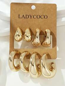 LADYCOCO Bộ 4 đôi bông tai hình giọt nước thanh lịch hình chữ C, phù hợp cho trang phục hàng ngày của phụ nữ, hẹn hò, tiệc tùng, bộ trang sức tông vàng - Bộ khuyên tai vàng - Xem 8
