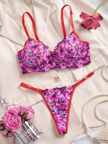 Set de lenjerie intimă sexy Style Dream 2 piese pentru femei, include sutien și chiloți, culoare fuchsia vibrantă cu inele de oțel, potrivit pentru Ziua Îndrăgostiților, Crăciun, festivaluri de muzică, petreceri - Violet Roșu - Vizualizare 3