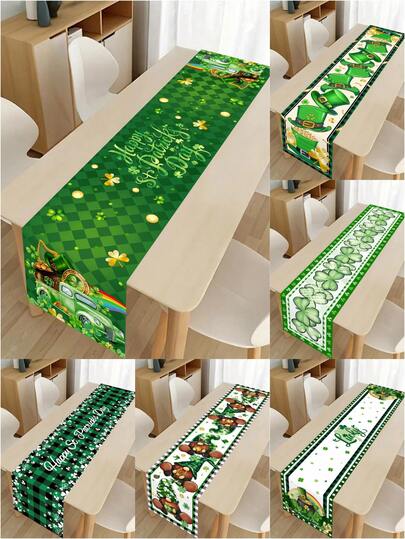 1pc St. Patrick's Day Table Runner, 180x35cm Buffalo Plaid Gnomes Green Shamrocks Hat Design Polyester Tablecloth, Lucky St Patricks Day Decoraions Spring Holiday Table Decoration For Kitchen Dinning, Indoor Outdoor Dinner Party Supplies