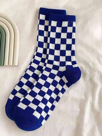 1 Pair Unisex Blue Checkered Pattern Socks