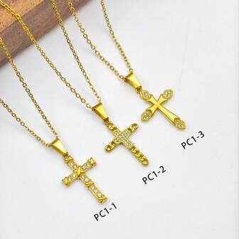 1pc Bestselling Luxury Fully Rhinestoned Titanium Steel Cross Necklace, Micro-Inlaid Zirconia Design, Fashionable & Personalized Clavicle Chain, Stainless Steel Pendant Necklace