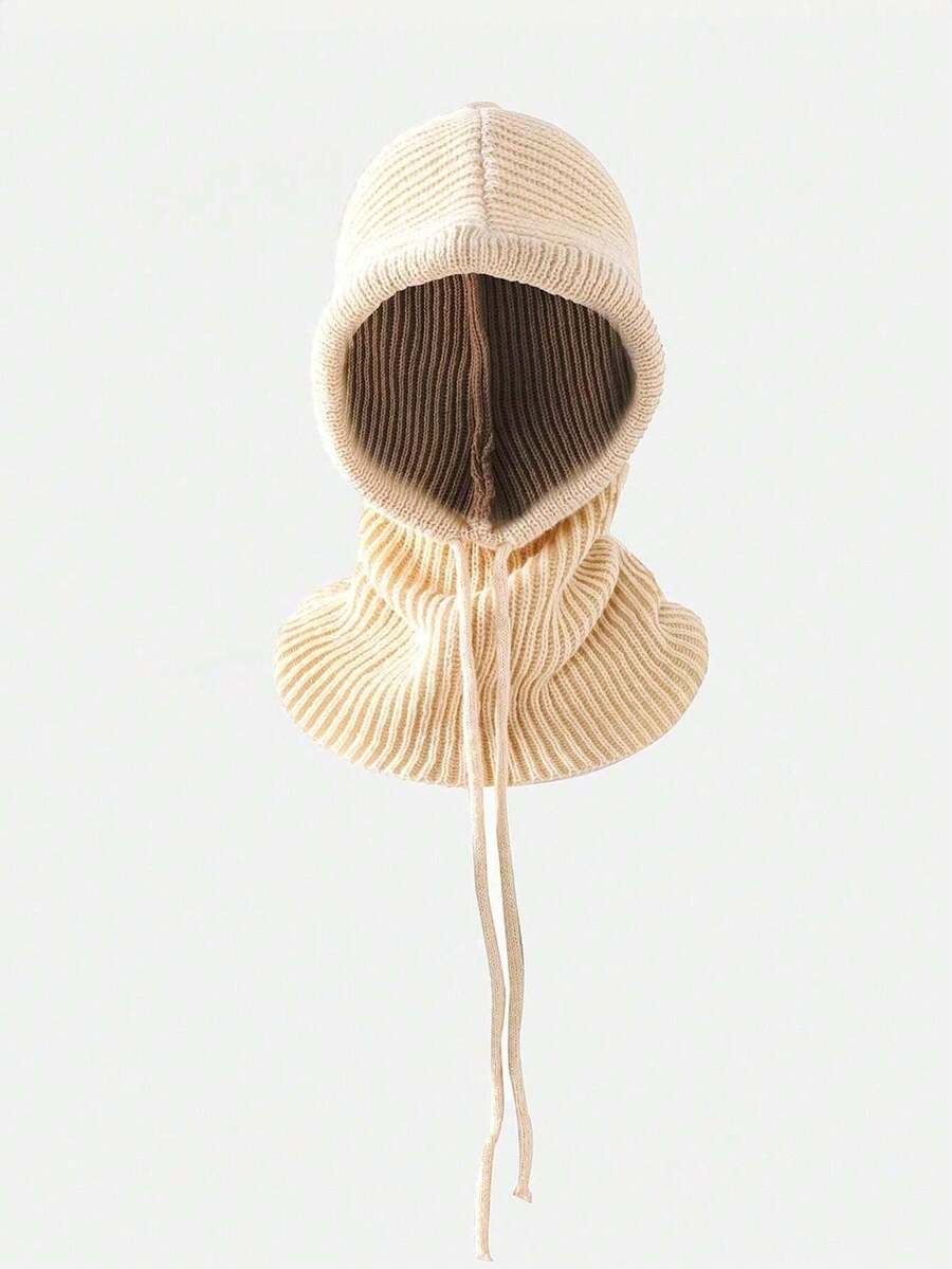 1 pieza Gorro de mujer con cordón y cuello falso, capa con capucha tejida para protección del rostro y el cuello para actividades al aire esquí en invierno, regalo de Navidad - Beis - Ver 1