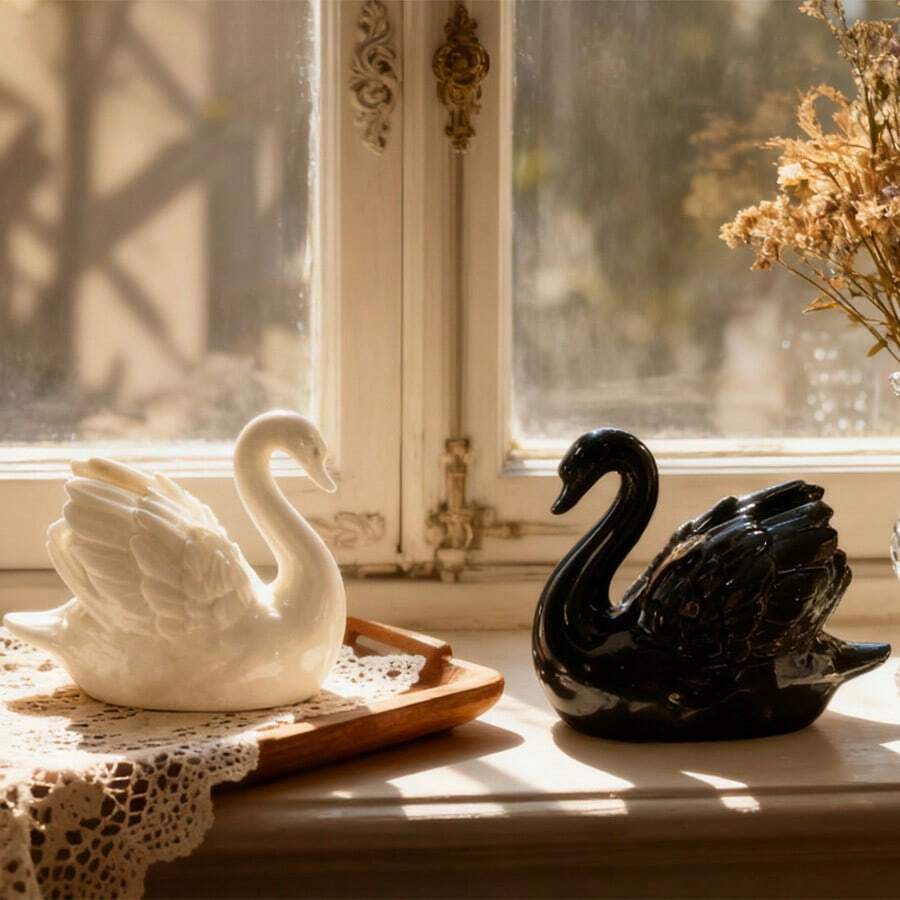 1pc Minimalist Black & White Swan Ceramic Decor, Entryway Decoration, Housewarming Wedding Gift, Model Home Decor, Gift For Girlfriend, Friend, Valentine's Day - Multicolor - View 1