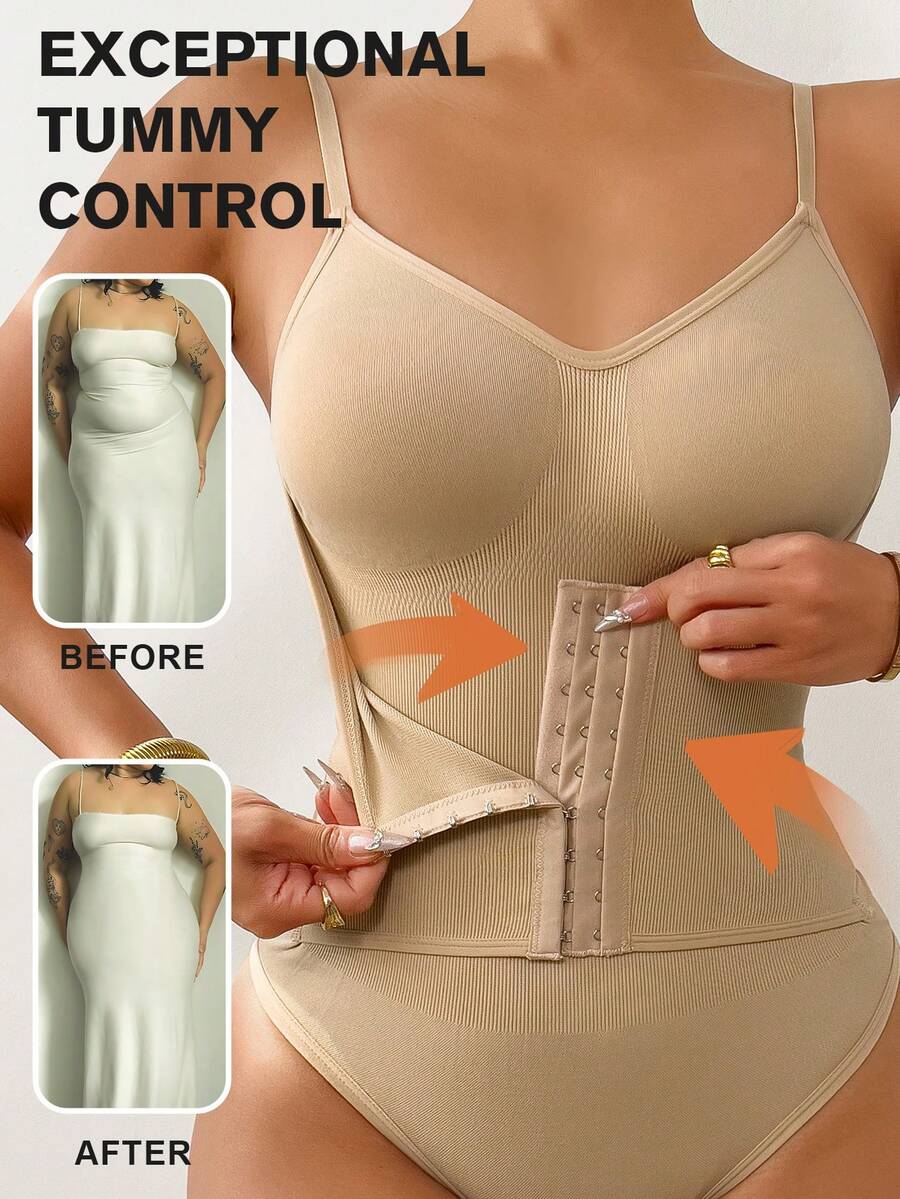 女士时尚束腰无缝连体衣 - 完全遮盖赘肉，塑造完美身形，适合日常穿着、派对、女士内衣和塑身衣 - 杏色 - 查看 1