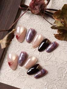 10片装按压式美甲贴片，粉色/紫色；Halation猫眼假指甲，短款，适合办公室日常佩戴，人造指甲套装包含1张粘性贴片和1个迷你指甲锉。 - 彩色 - 查看 3